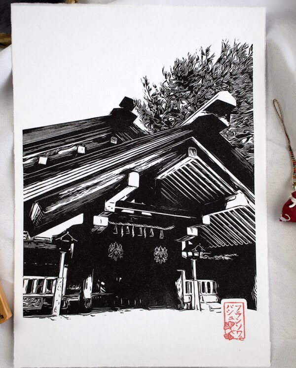 Linogravure temple en bois de Nagoya
