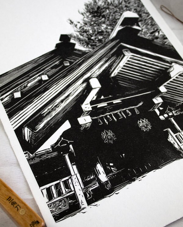 Linogravure temple en bois de Nagoya