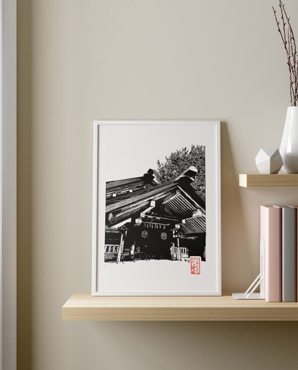 Linogravure artisanale d’un temple en bois à Nagoya