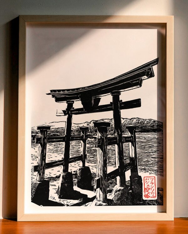Linogravure d'un Torii délaissé de Miyajima