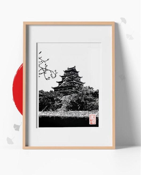 Linogravure traditionnelle du château d’Hiroshima