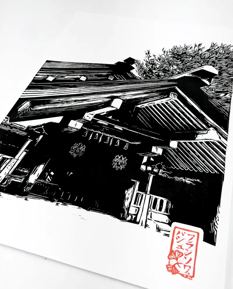 Linocut of a wooden temple in Nagoya