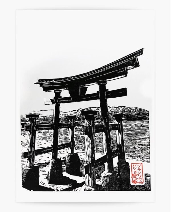 Linogravure d'un Torii délaissé de Miyajima