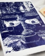 Linogravure du temple Okunoin Mao-den du Mont Kurama