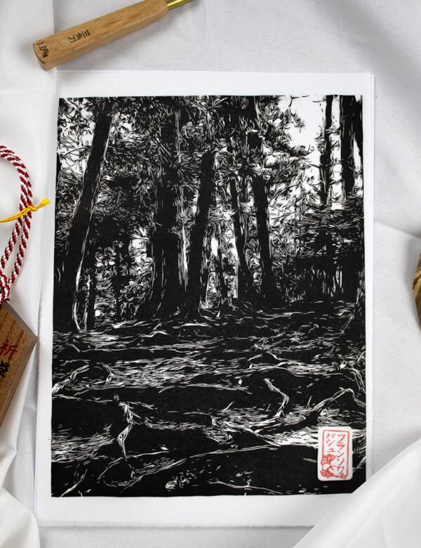 linogravure forêt Kurama aux mille racines