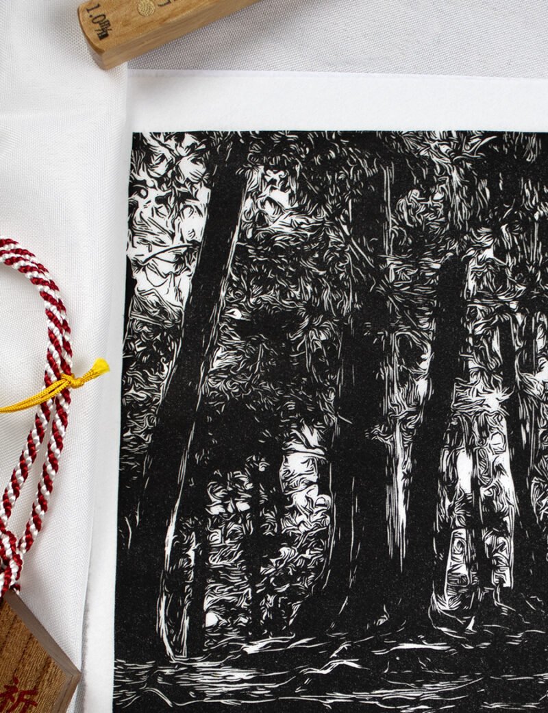 linogravure forêt Kurama aux mille racines