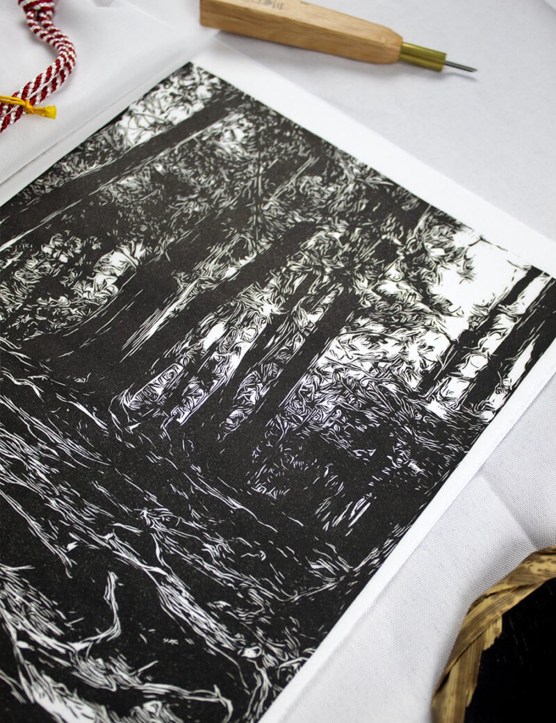 linogravure forêt Kurama aux mille racines