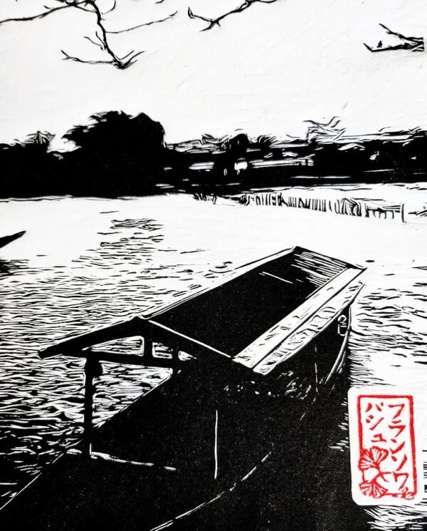 Linogravure de la rivière Katsura à Arashiyama - Zoom