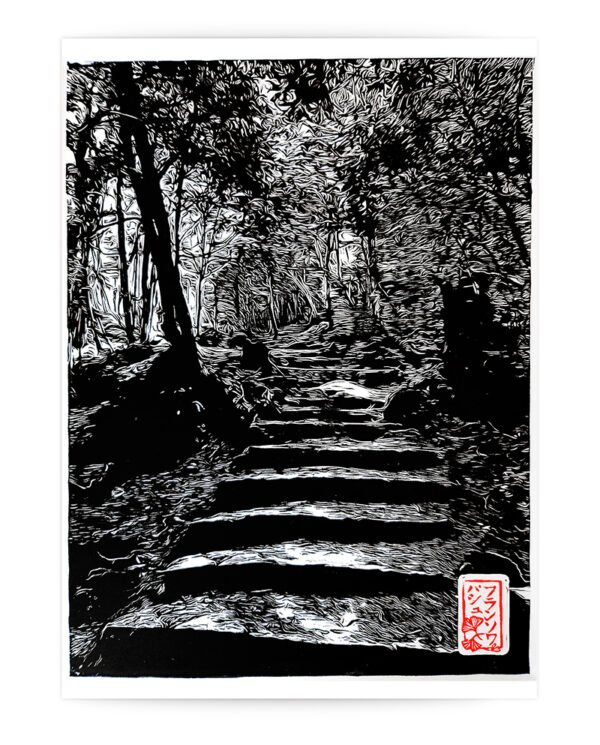 Linogravure d'un chemin sinueux dans la forêt de Kurama