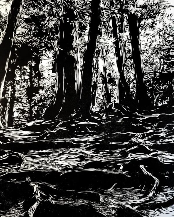 Linogravure d'un chemin sinueux dans la forêt de Kurama - Zoom