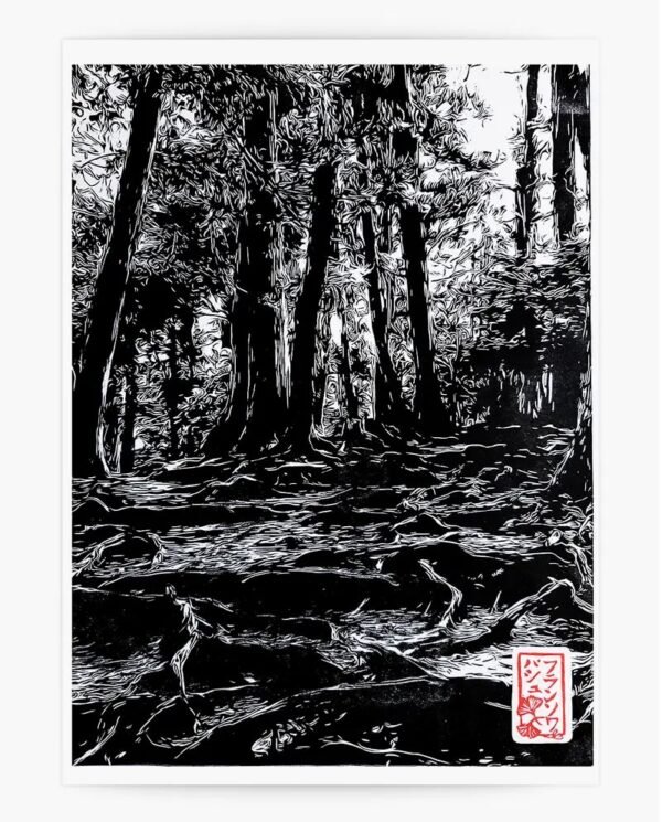Linogravure d'une forêt de Kurama aux mille racines - Face