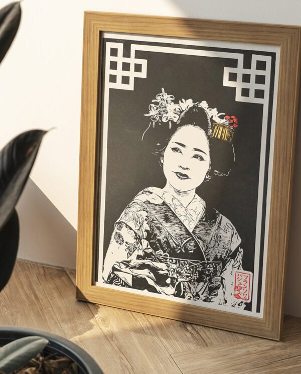 Linogravure du sourire d’une maiko