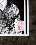 Linocut of the smile of a maiko zoom kimono