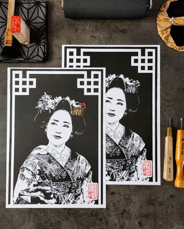 Linocut of a maiko's smile Color or Black and white