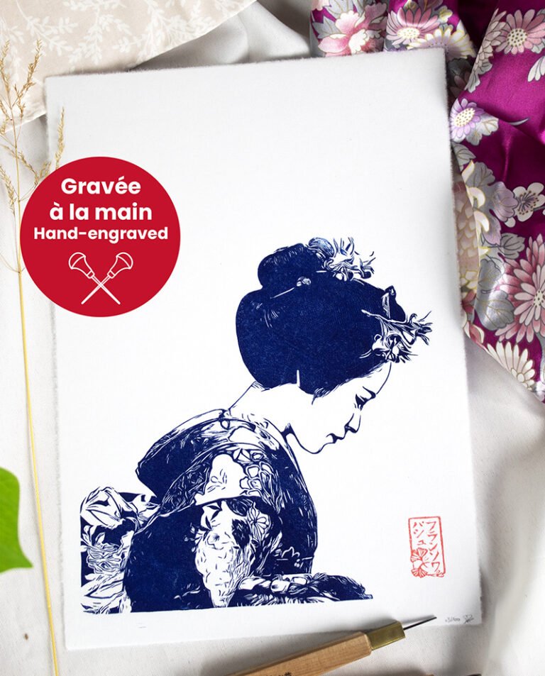 Linogravure « Songes » d’une Japonaise en kimono traditionnel ...