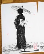 Linogravure d’une Japonaise en yukata avec ombrelle et cerisiers