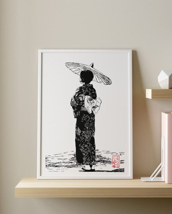 Linogravure d’une Japonaise en yukata avec ombrelle et cerisiers