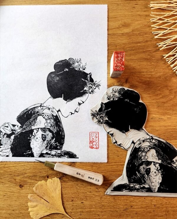 Linogravure japonaise du salue d’une maiko