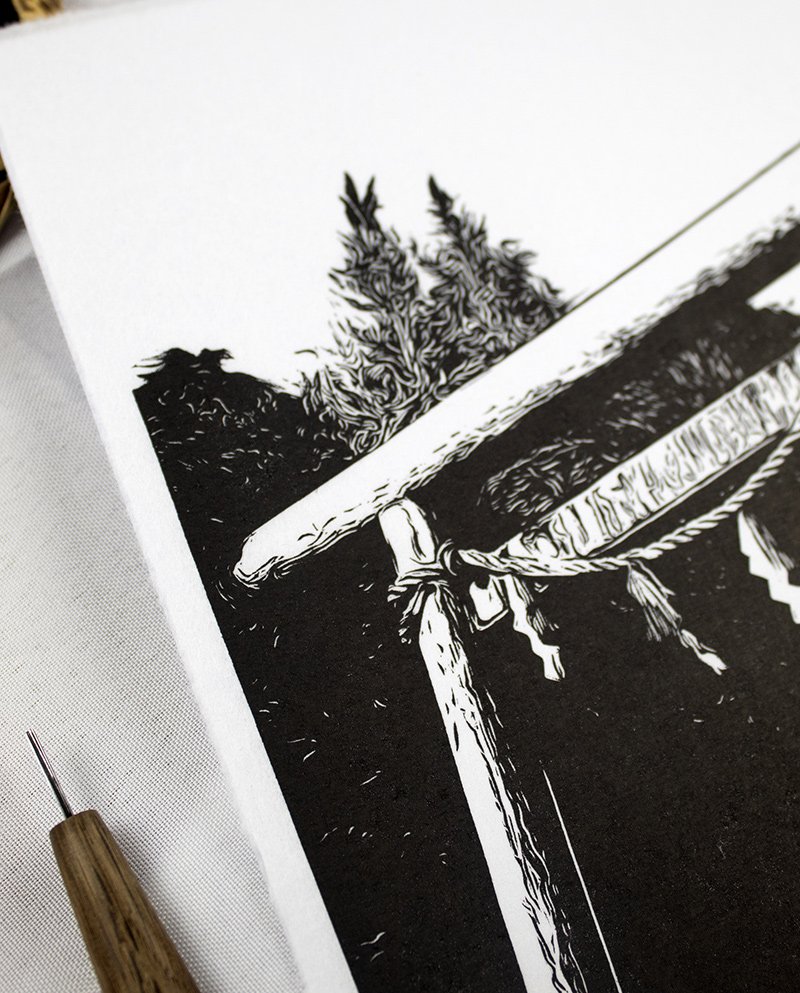 Linogravure entrée Torii d'Asakusa