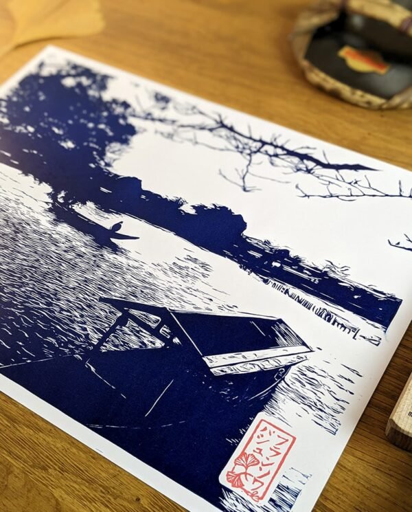 Linogravure de la rivière Katsura à Arashiyama Bleu de Prusse