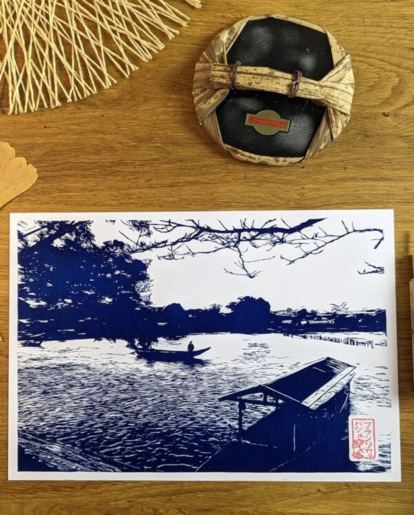 Linogravure de la rivière Katsura à Arashiyama Bleu de Prusse