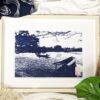 Linogravure de la rivière Katsura à Arashiyama version bleue cote