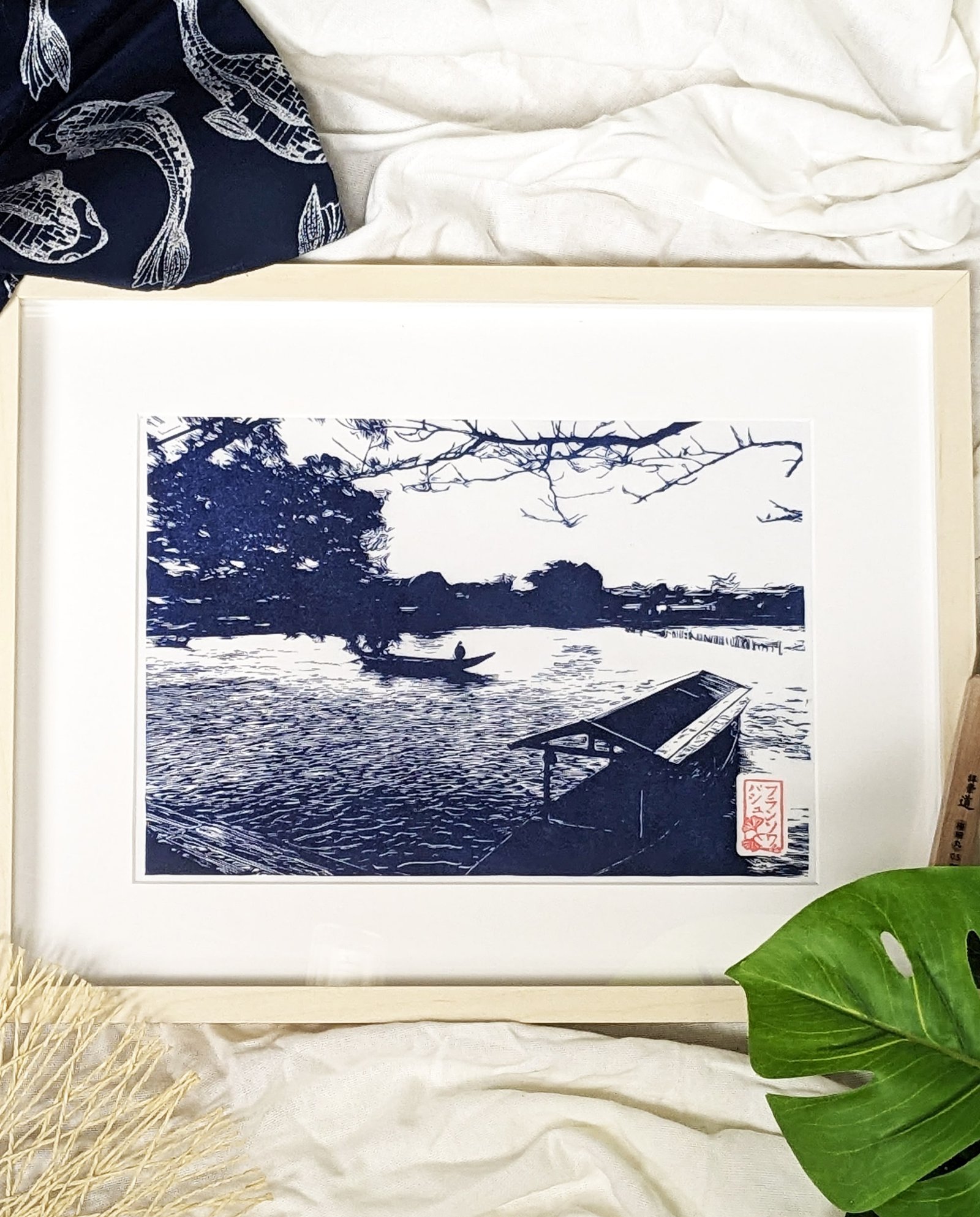 Linogravure de la rivière Katsura à Arashiyama version bleue cote
