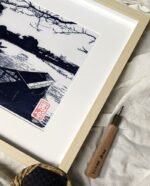 Linogravure de la rivière Katsura à Arashiyama version bleue face