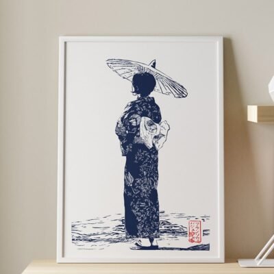 Linogravure d’une Japonaise en yukata avec ombrelle et cerisiers en Bleu de prusse