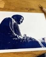 Linogravure fait main du Bouddha de Kamakura version bleu de prusse