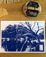 Linogravure japonaise artisanale de la lanterne Kotoji tôrô du Kenroku-en à Kanazawa Bleu de Prusse