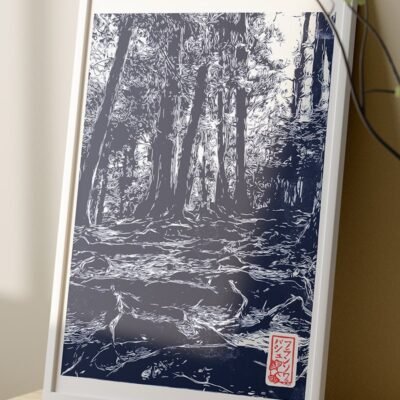 Linogravure d'une forêt de Kurama aux mille racines Bleu de prusse