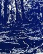 Linogravure d'une forêt de Kurama aux mille racines Bleu de prusse