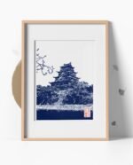 Linogravure japonaise artisanale du château d’Hiroshima Bleu de Prusse