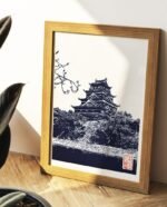 Linogravure japonaise artisanale du château d’Hiroshima Bleu de Prusse