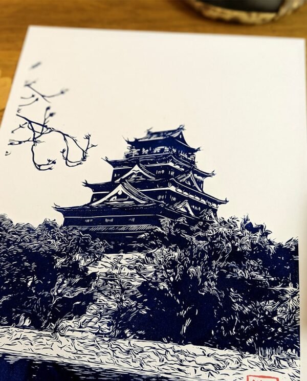 Linogravure japonaise artisanale du château d’Hiroshima Bleu de Prusse