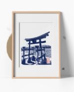 Linogravure d'un Torii délaissé de Miyajima Bleu de Prusse