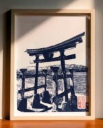 Linogravure d'un Torii délaissé de Miyajima Bleu de Prusse