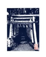 Linogravure japonaise artisanale d’un Torii mystérieux à Kanazawa Bleu de prusse