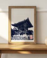 Linogravure fait main d’une cloche sacrée japonaise à Nagoya Bleu de prusse