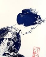 Linogravure japonaise du salue d’une maiko Bleu de prusse