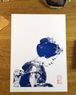 Linogravure japonaise du salue d’une maiko Bleu de prusse