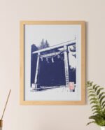 Linogravure japonaise du Torii de l'entrée d’un sanctuaire Shinto d'Asakusa Bleu de prusse