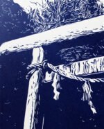 Linogravure japonaise du Torii de l'entrée d’un sanctuaire Shinto d'Asakusa Bleu de prusse