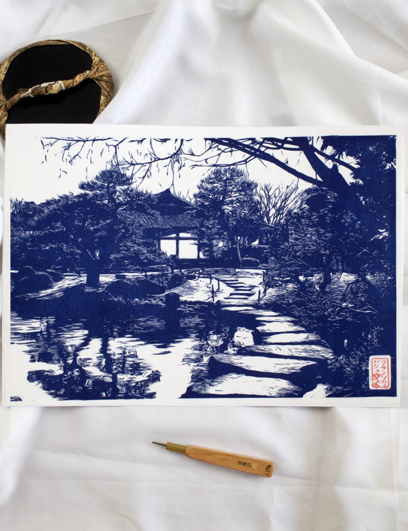 Linogravure Jardin du Koko en Himeji