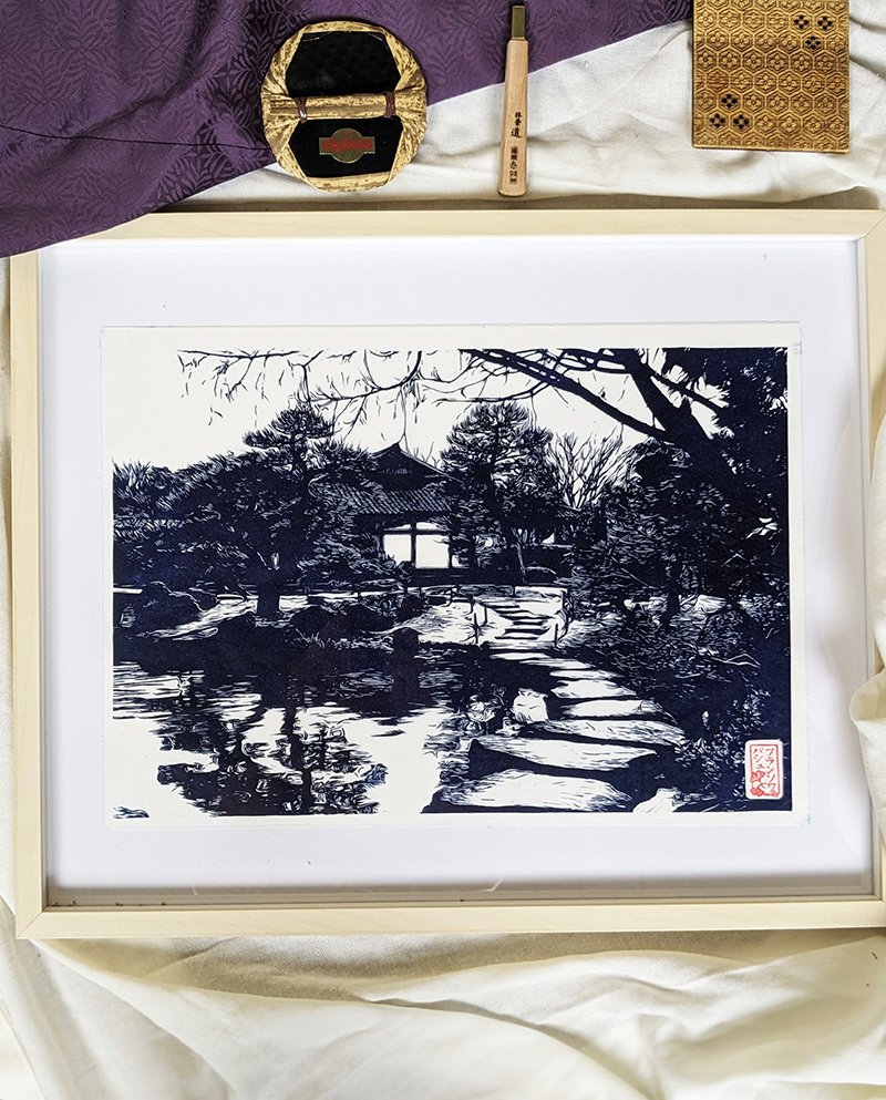 Linogravure japonaise fait main du jardin Koko-en d’Himeji