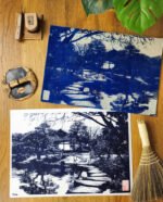 Linogravure japonaise fait main du jardin Koko-en d’Himeji