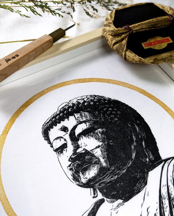 Linogravure japonaise "la sagesse du Bouddha" du Bouddha de Kamakura