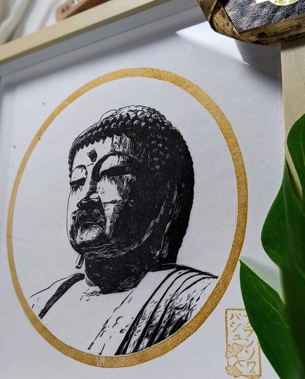 Linogravure japonaise "la sagesse du Bouddha" du Bouddha de Kamakura