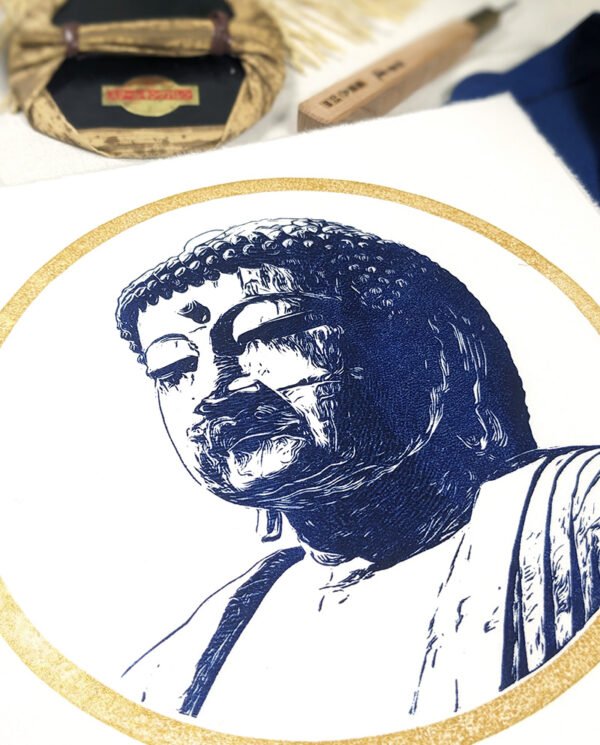 Linogravure japonaise du visage du Bouddha de Kamakura